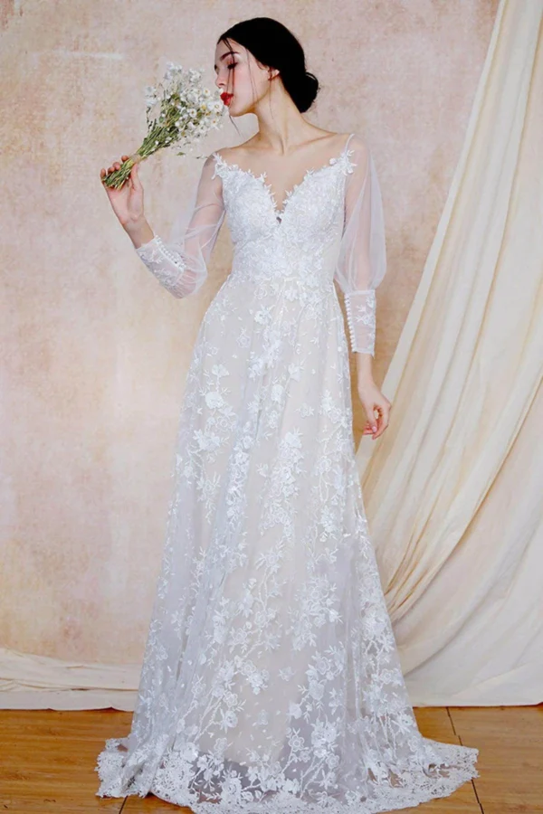 Cocomelody A-Line Sweep-Brush Train Lace Wedding Dress