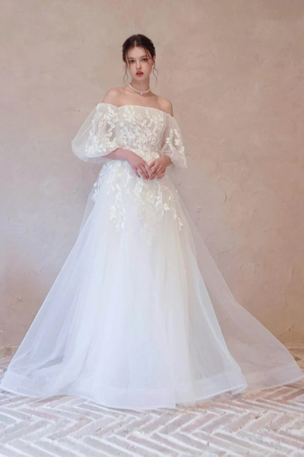 Cocomelody A-Line Sweep-Brush Train Lace Tulle Wedding Dress