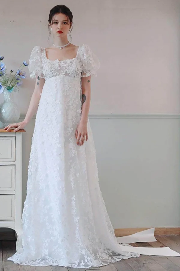 Cocomelody A-Line Sweep-Brush Train Lace Satin Wedding Dress