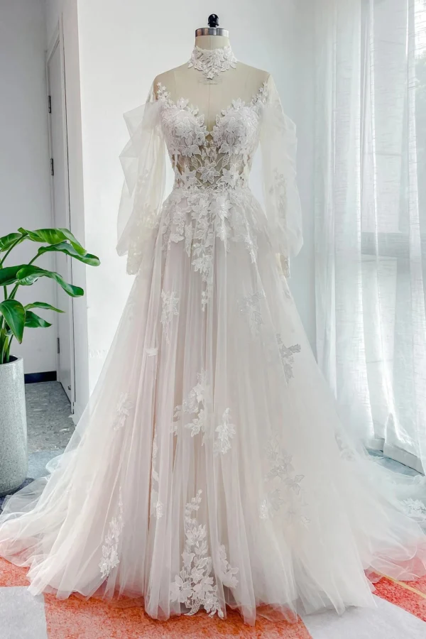 Cocomeloday A-Line Court Train Lace Tulle Wedding Dress