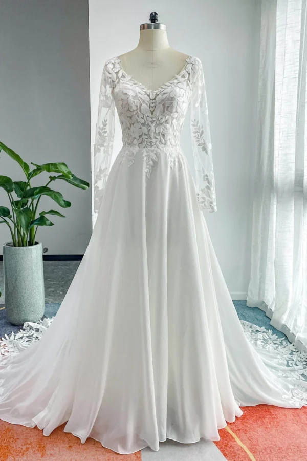 Cocomelody A-Line Court Train Lace Chiffon Wedding Dress
