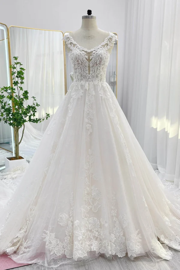 Cocomelody Ball Gown Cathedral Train Lace Tulle Wedding Dress