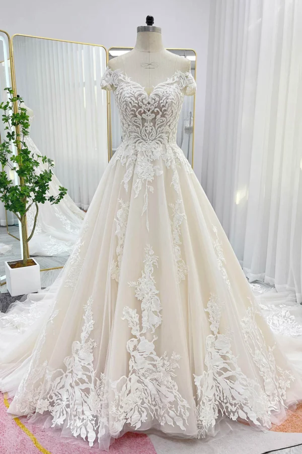 Cocomelody Ball Gown Chapel Train Lace Tulle Wedding Dress
