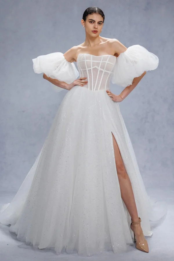 Cocomelody A-Line Court Train Sparkle Tulle Wedding Dress