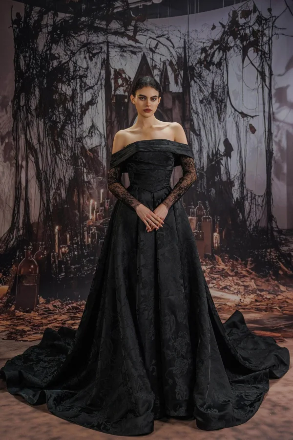 Cocomelody A-Line Court Train Jacquard Satin Lace Wedding Dress