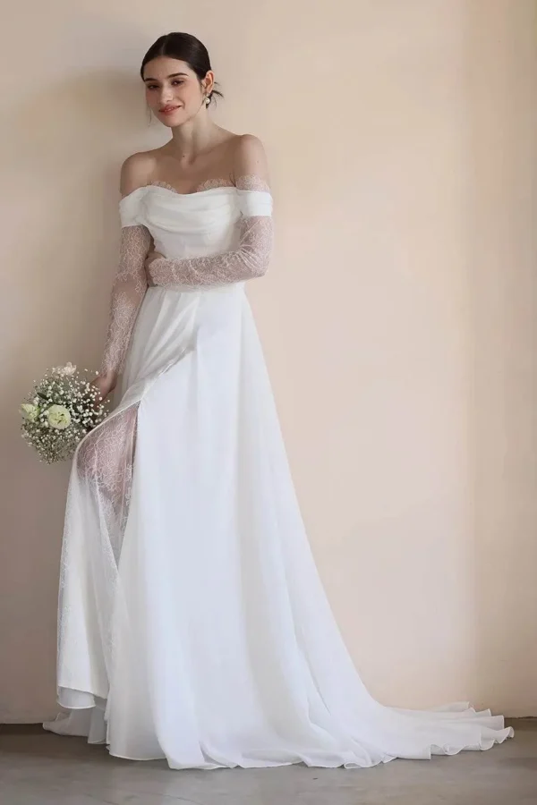 A-Line Sweep-Brush Train Lace Chiffon Wedding Dress