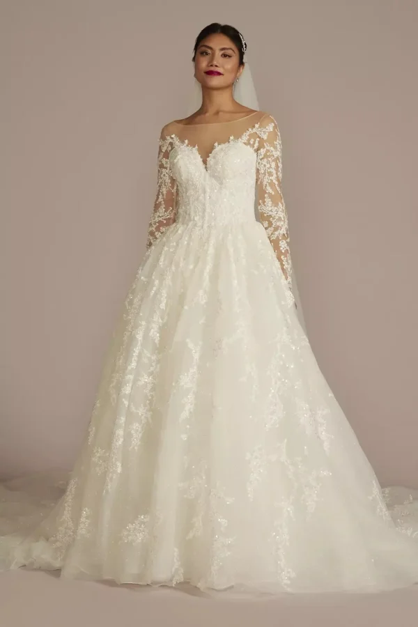 David's Bridal Lace Appliqued Illusion Long Sleeve Wedding Dress
