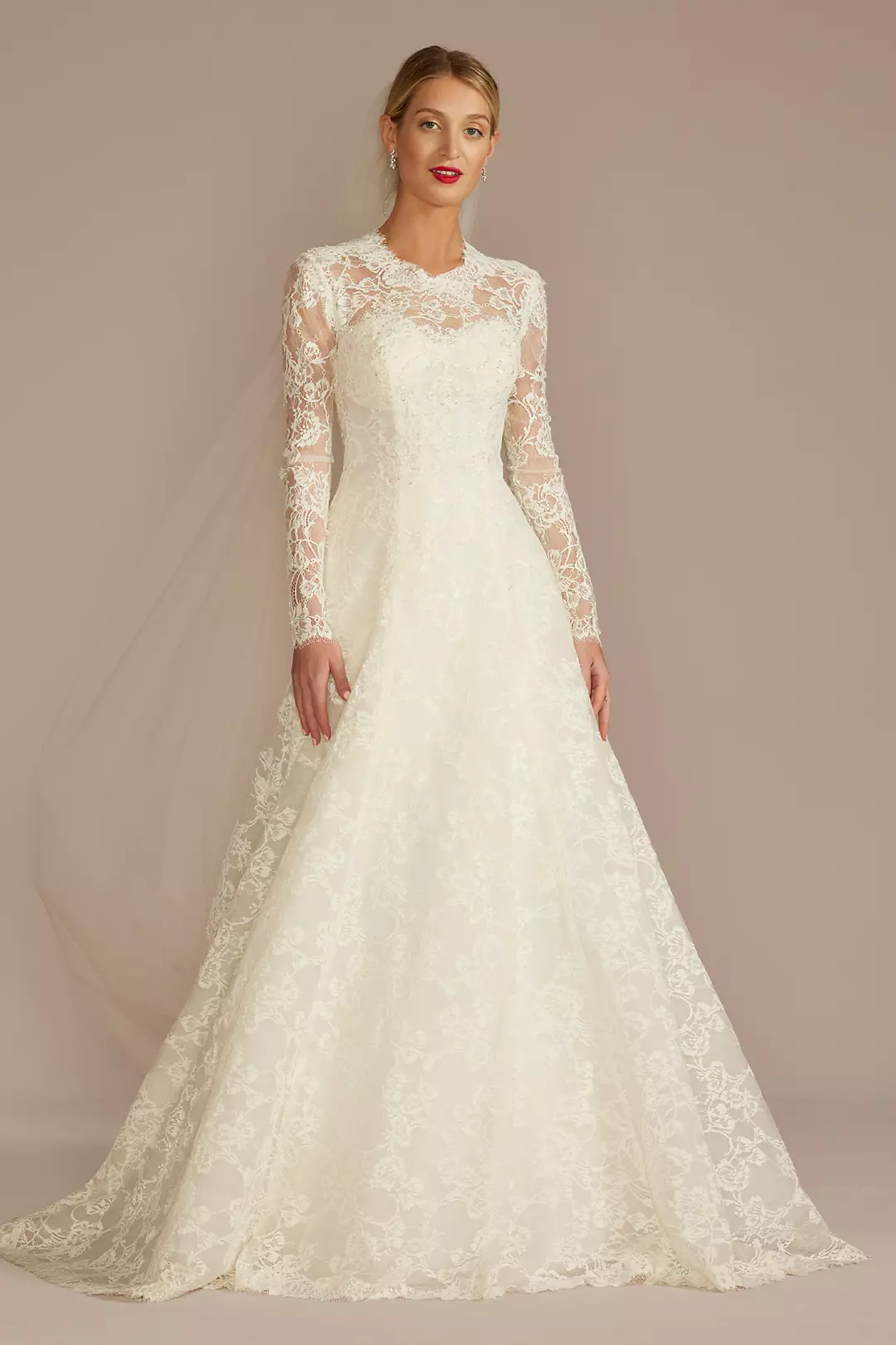 Oleg Cassini Allover Lace Long Sleeve Mock Neck Wedding Dress