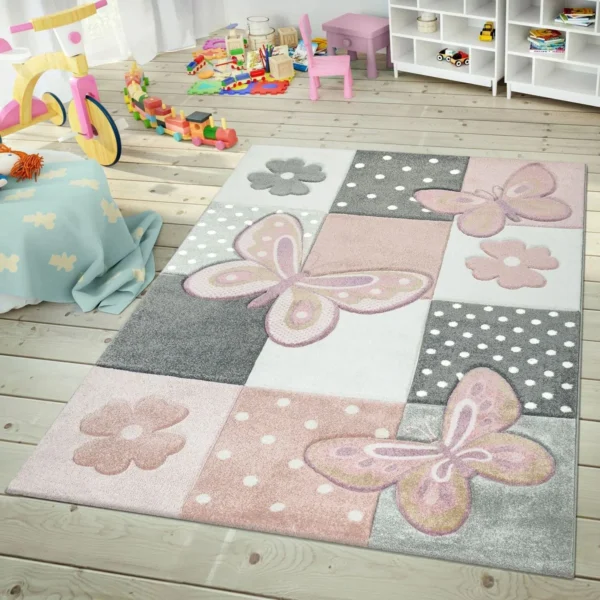 Wayfair Gray/White/Pink Butterfly Area Rug