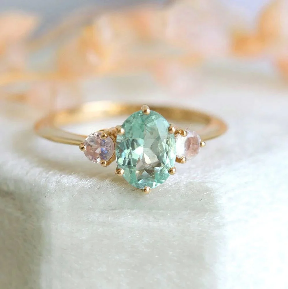Capucinne Catalina Mint Tourmaline Ring With Moonstones