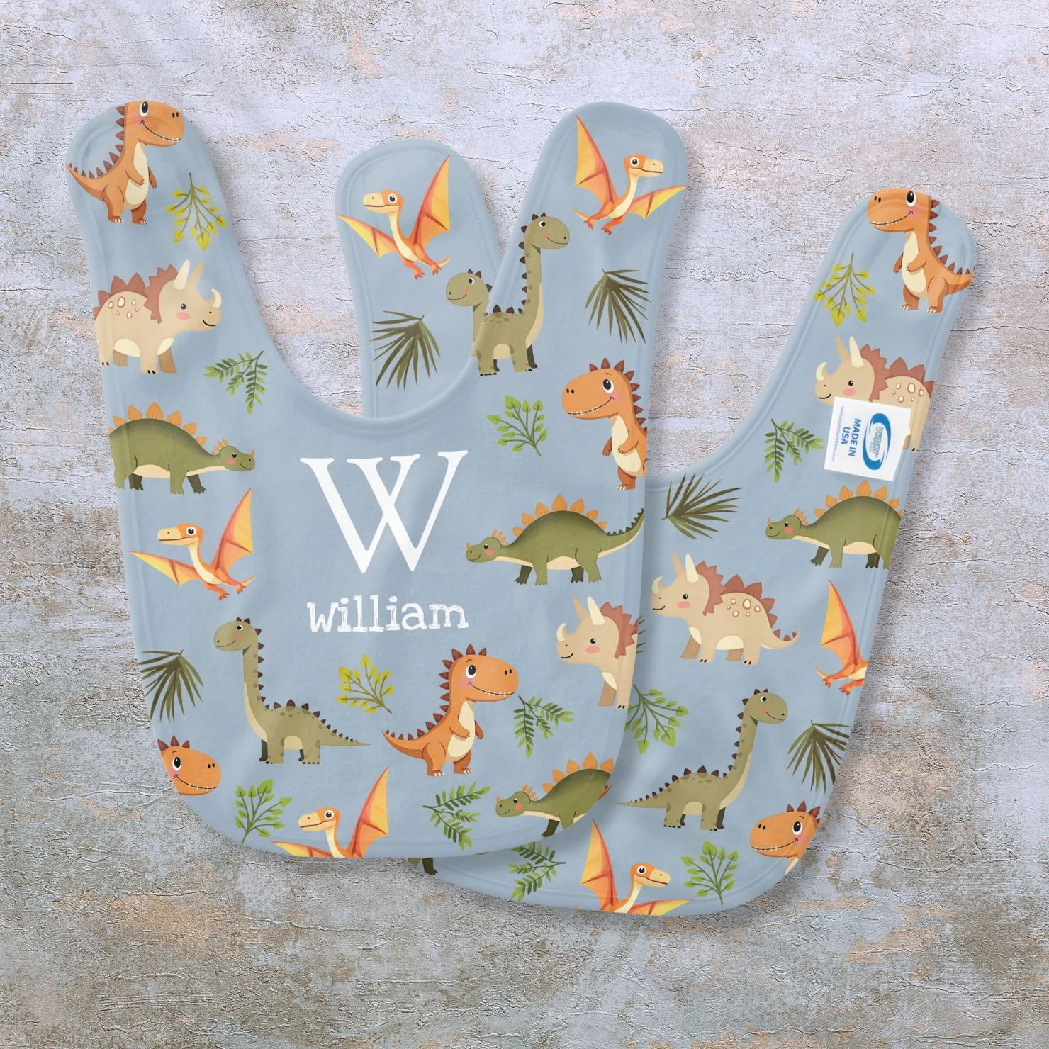 Cute Blue Boy Monogram Name Dinosaur Pattern Baby Bib