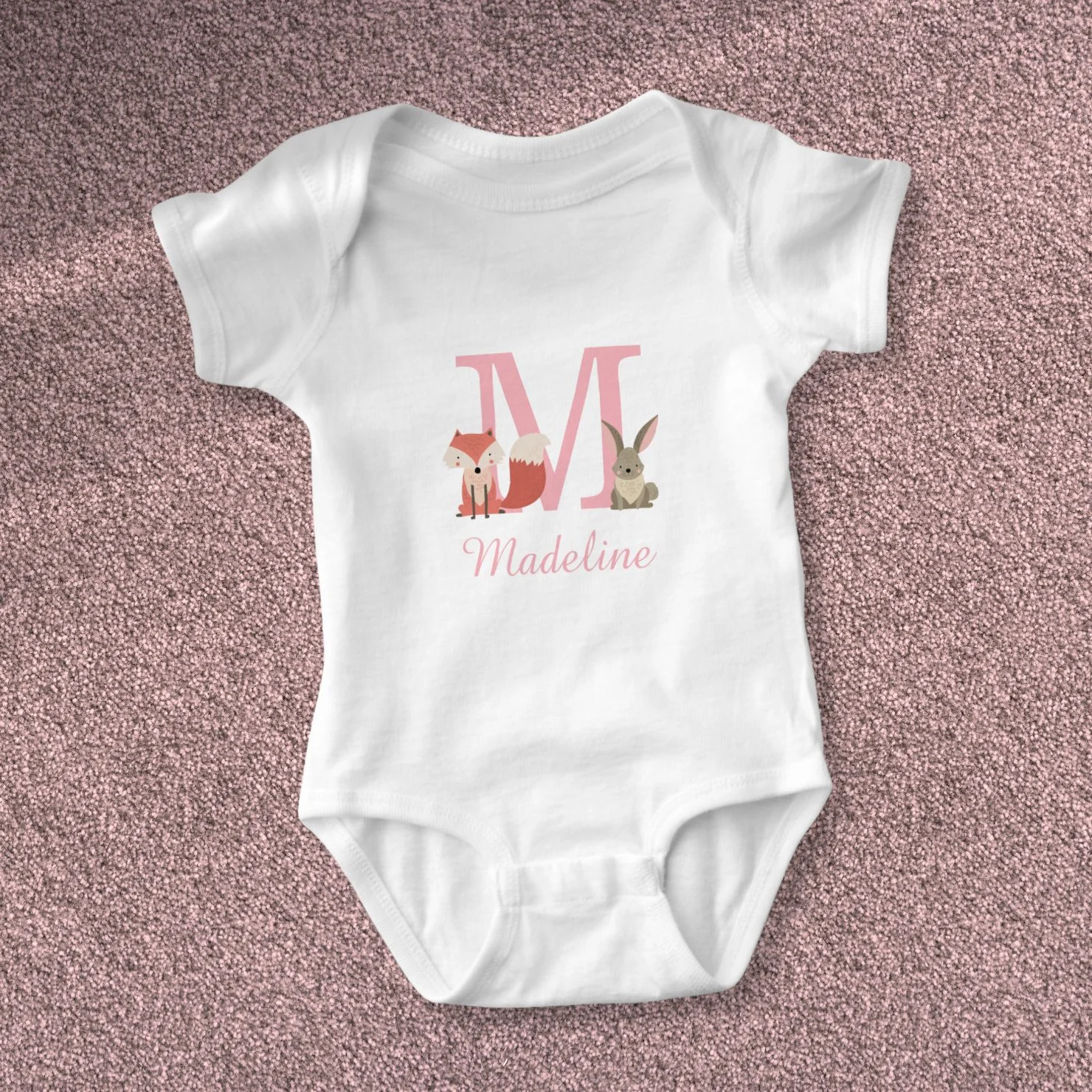 Cute Forest Woodland Animals Pink Monogram Baby Bodysuit