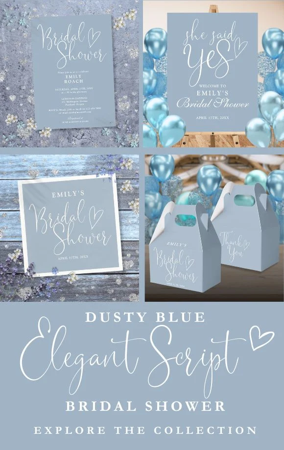Dusty Blue Elegant Script Bridal Shower Suite