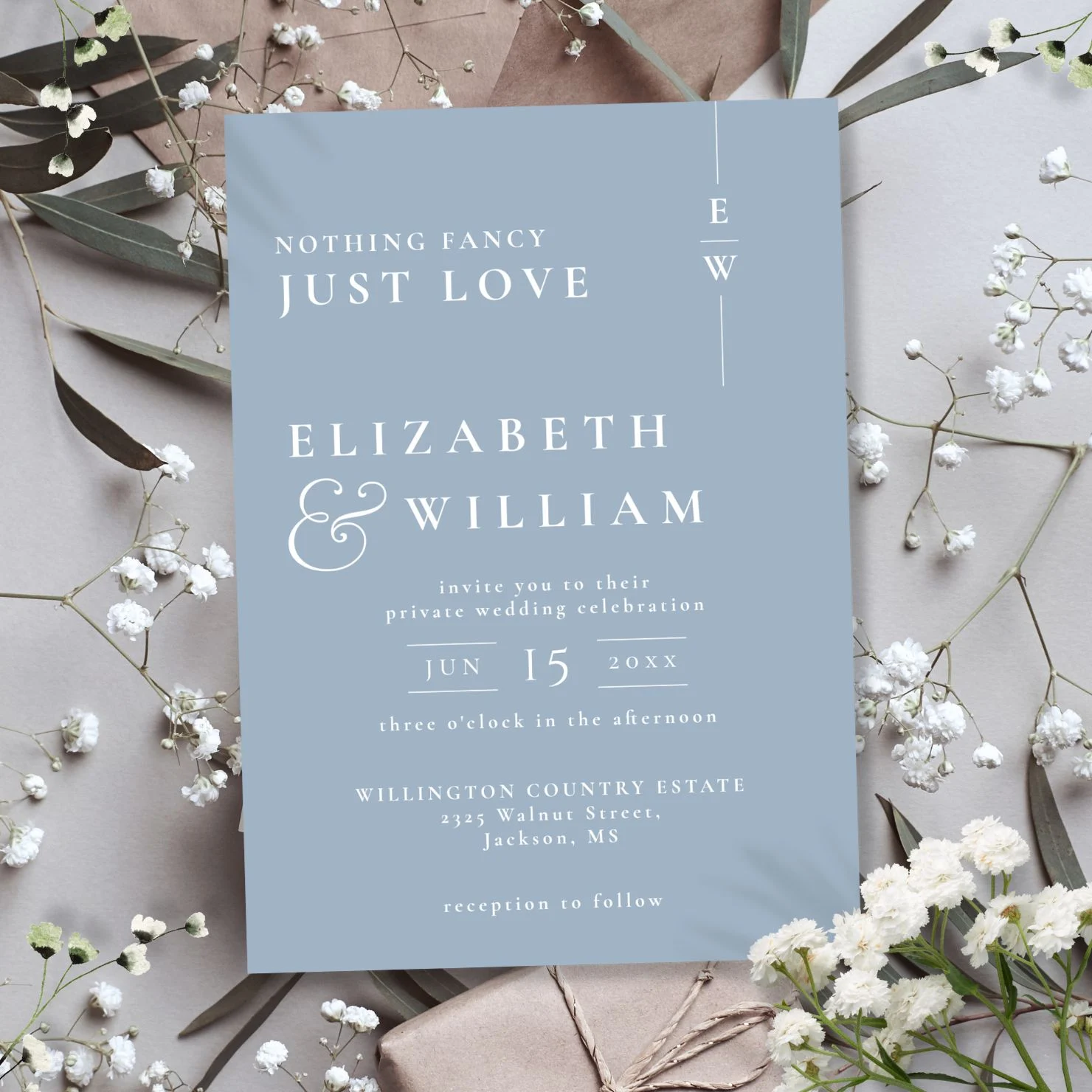 Dusty Blue Modern Monogram Intimate Wedding Invitation