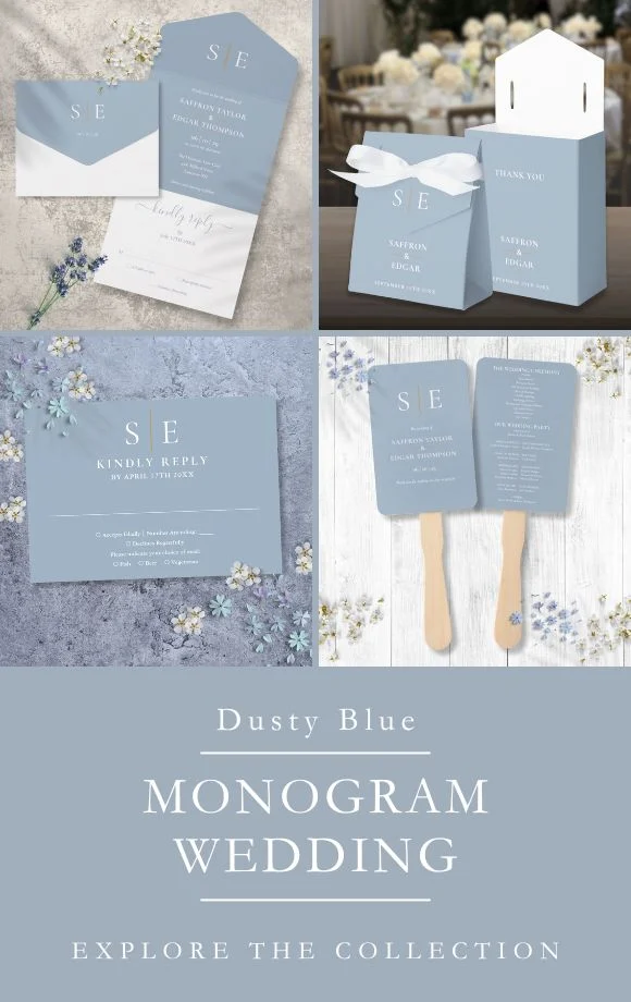 Dusty Blue Minimalist Monogram Wedding Suite