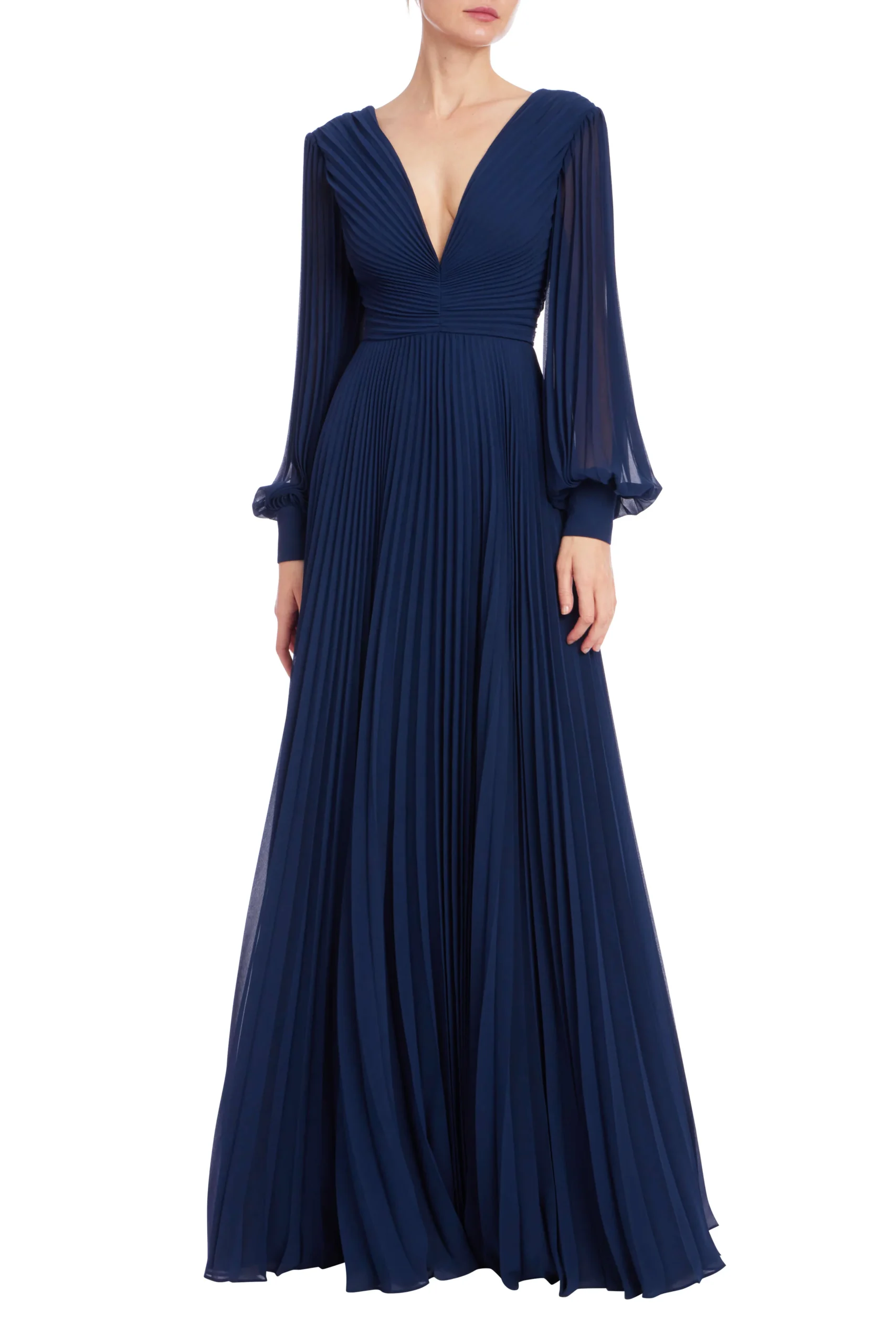 Badgley Mischka Pleated Georgette Long Sleeve Gown