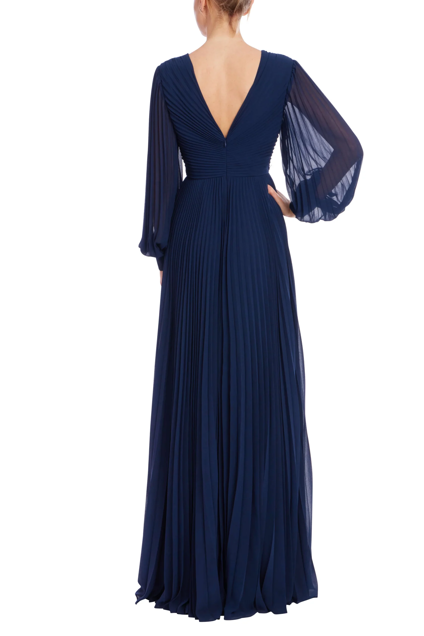Badgley Mischka Pleated Georgette Long Sleeve Gown Back