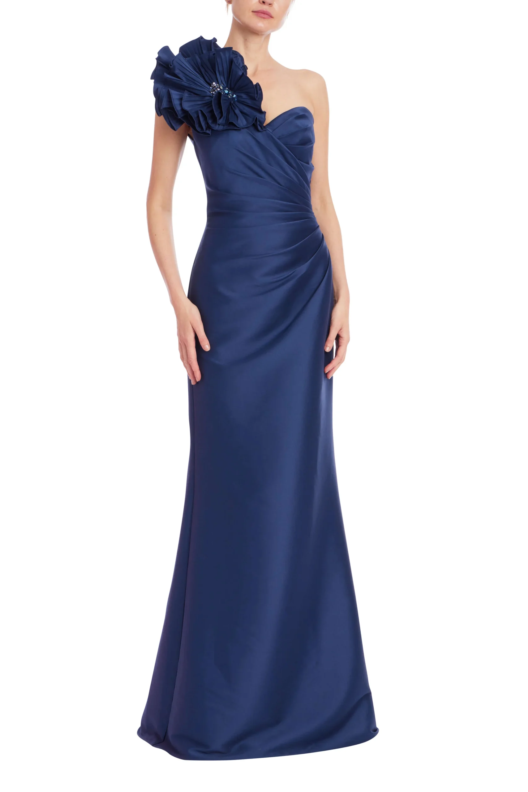 Badgley Mischka One-Shoulder Draped Bodice Trumpet Gown