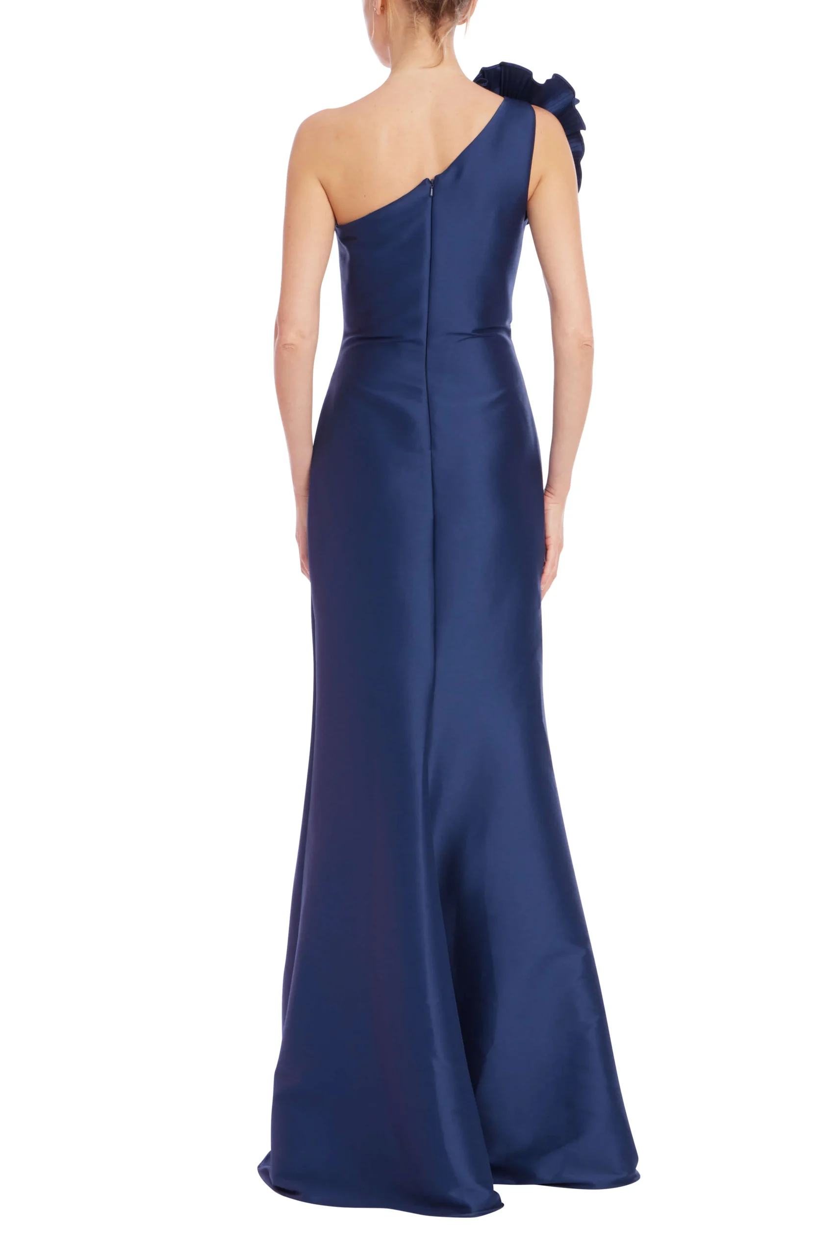 Badgley Mischka One-Shoulder Draped Bodice Trumpet Gown Back