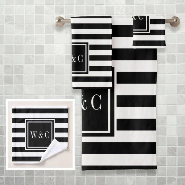 Elegant Black White Stripe Monogram Bath Towel Set
