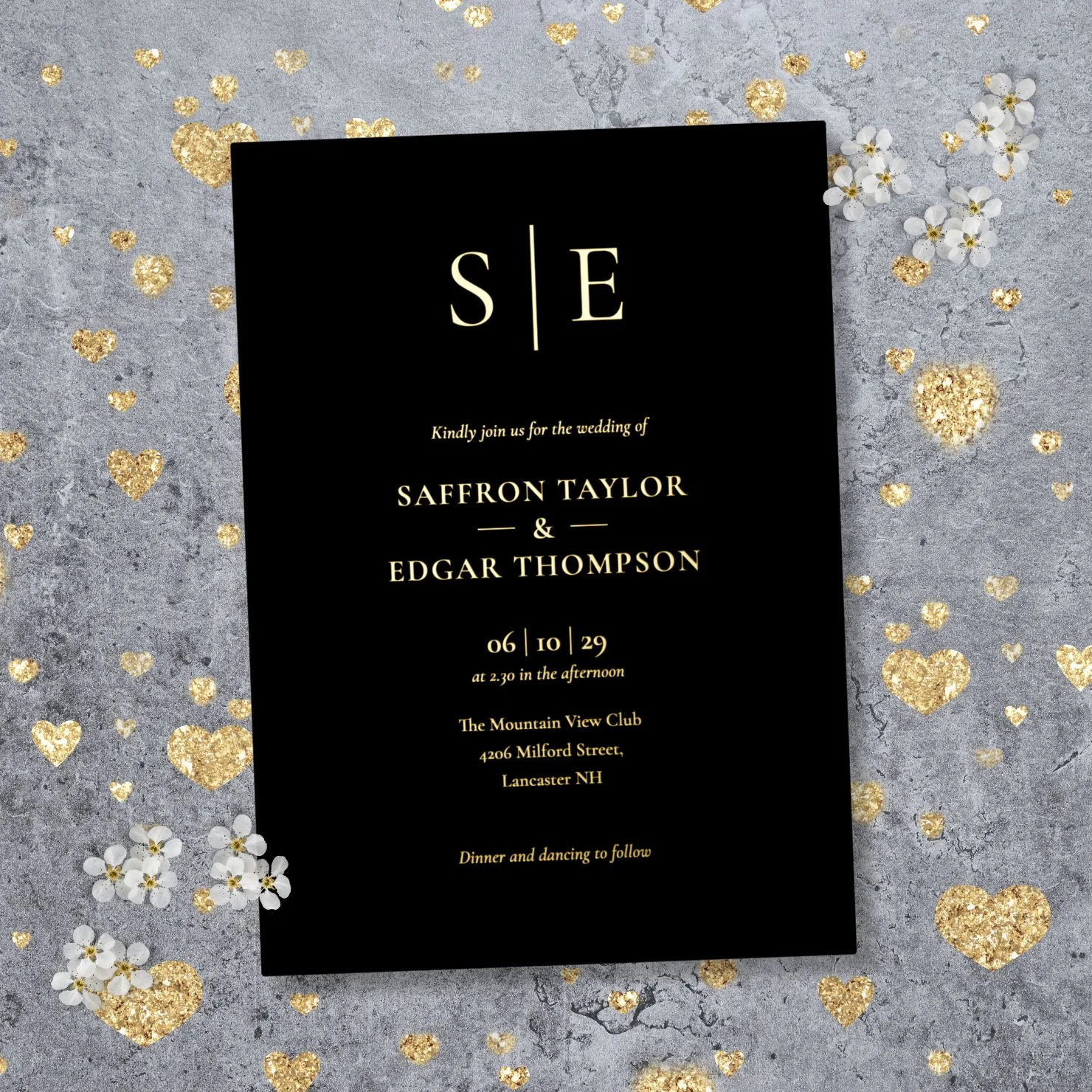Elegant Monogram Black And Gold Wedding Foil Invitation
