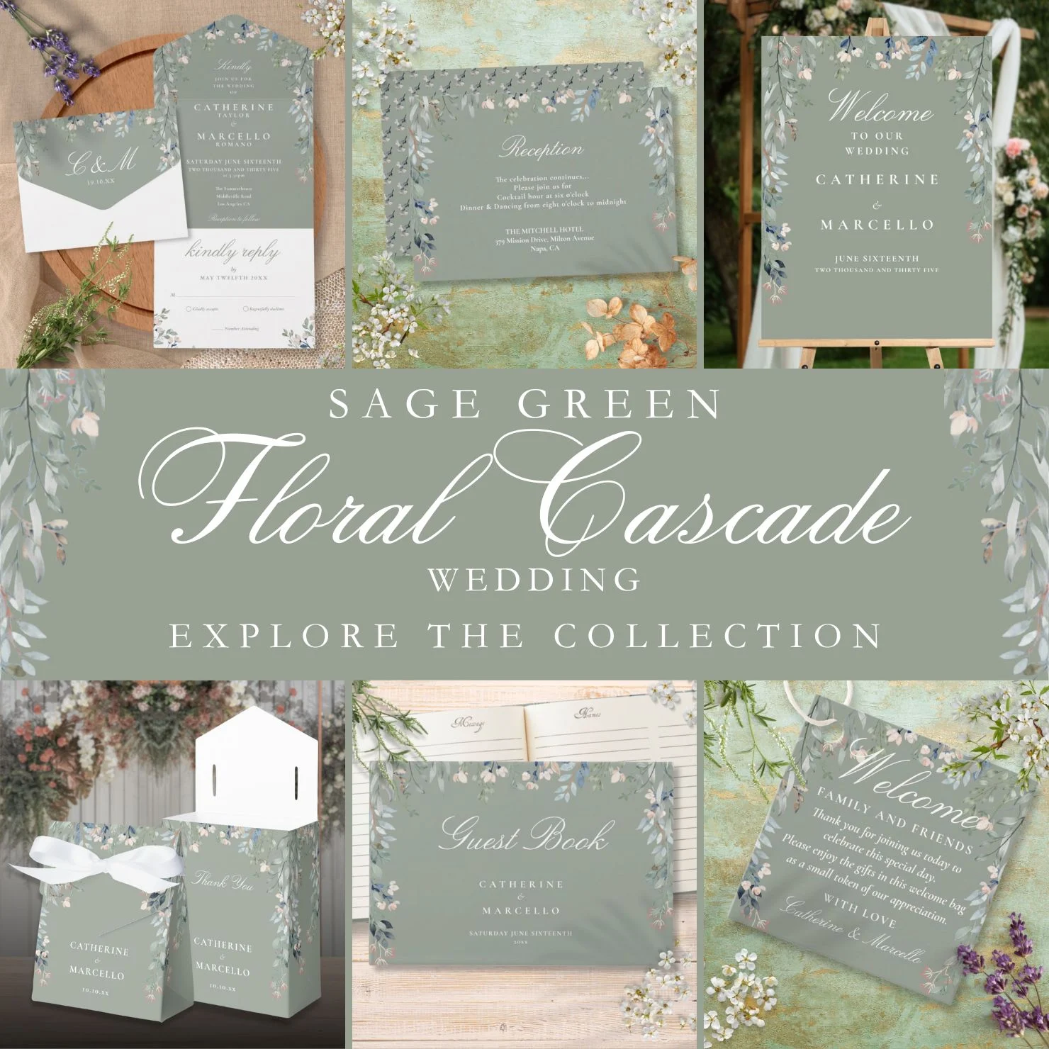 Elegant Sage Green Floral Cascade Wedding Suite