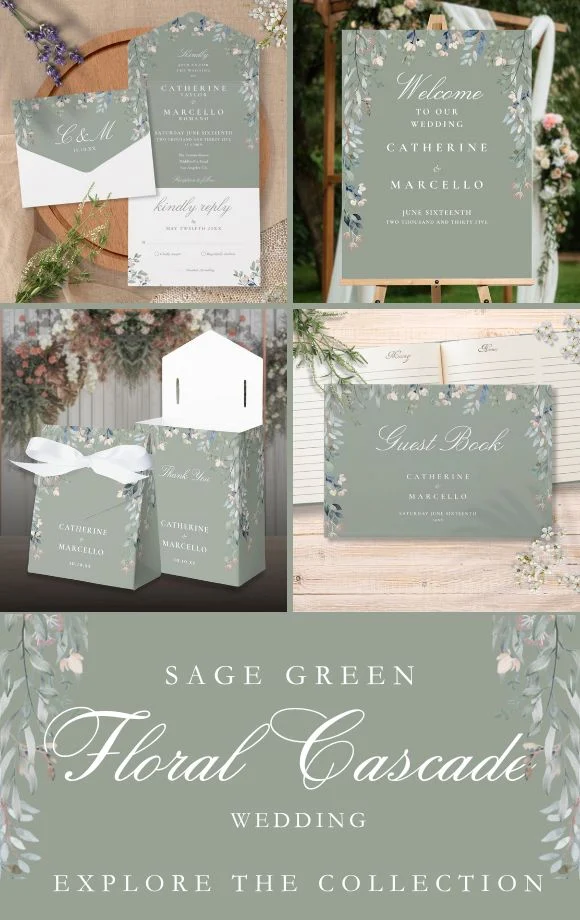 Elegant Sage Green Floral Cascade Wedding Suite