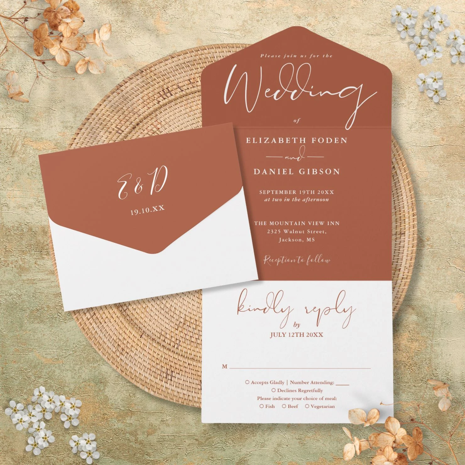 Elegant Script Monogram Terracotta Wedding All In One Invitation