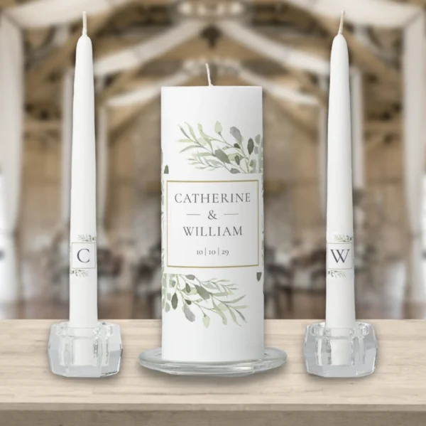 Elegant Watercolor Greenery Monogram Wedding Unity Candle Set