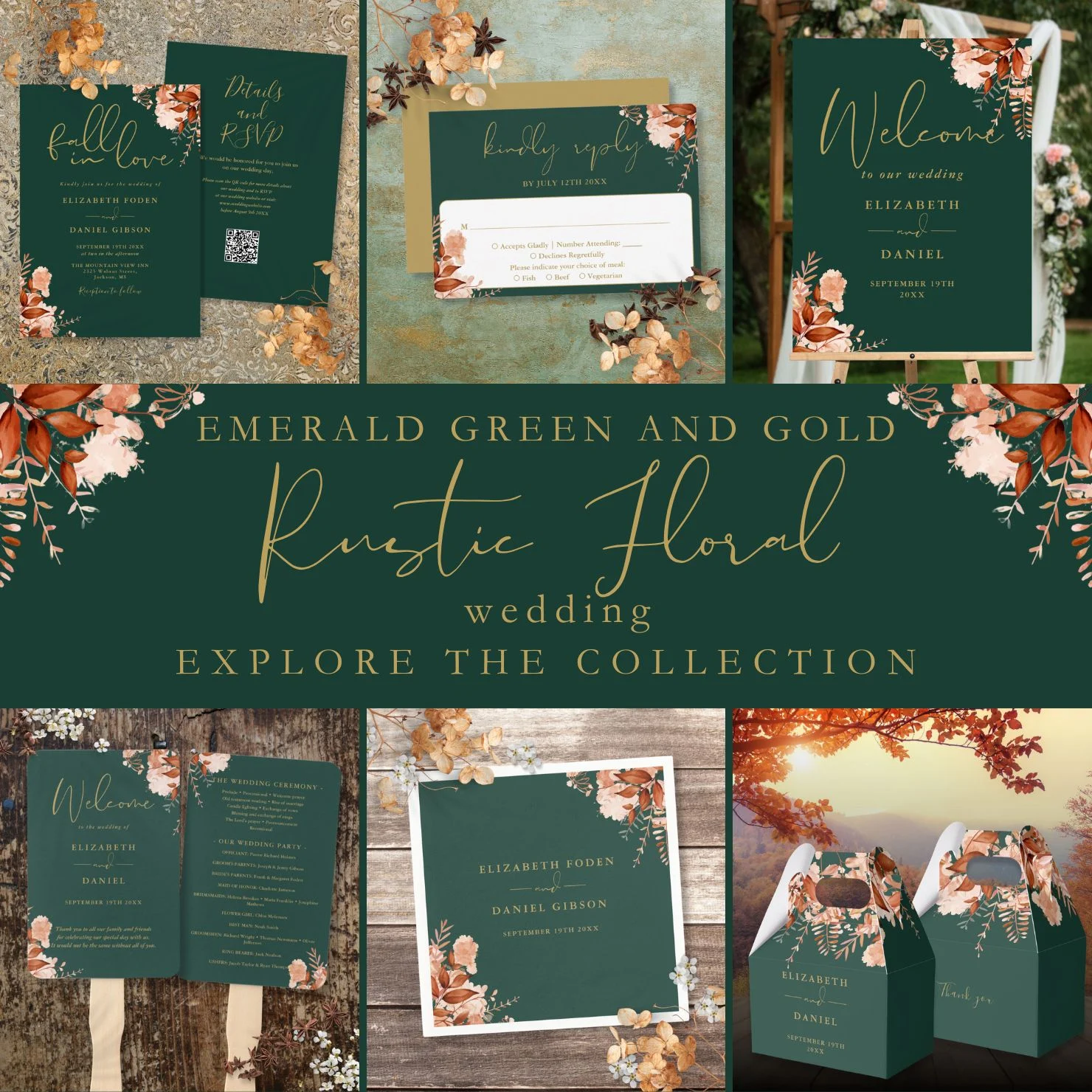 Emerald Green And Gold Rustic Floral Wedding Suite