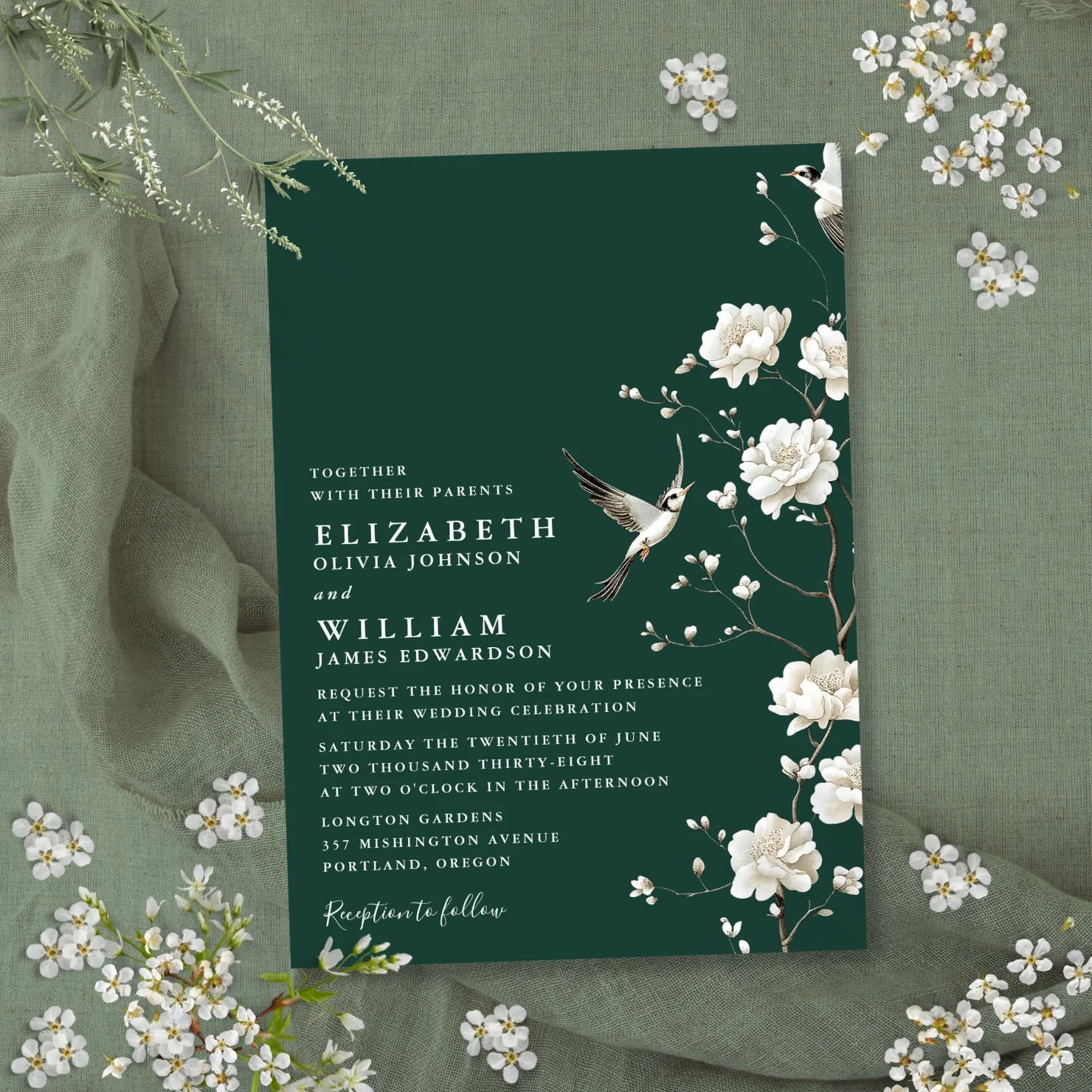 Emerald Green Chinoiserie Floral Garden Wedding Invitation