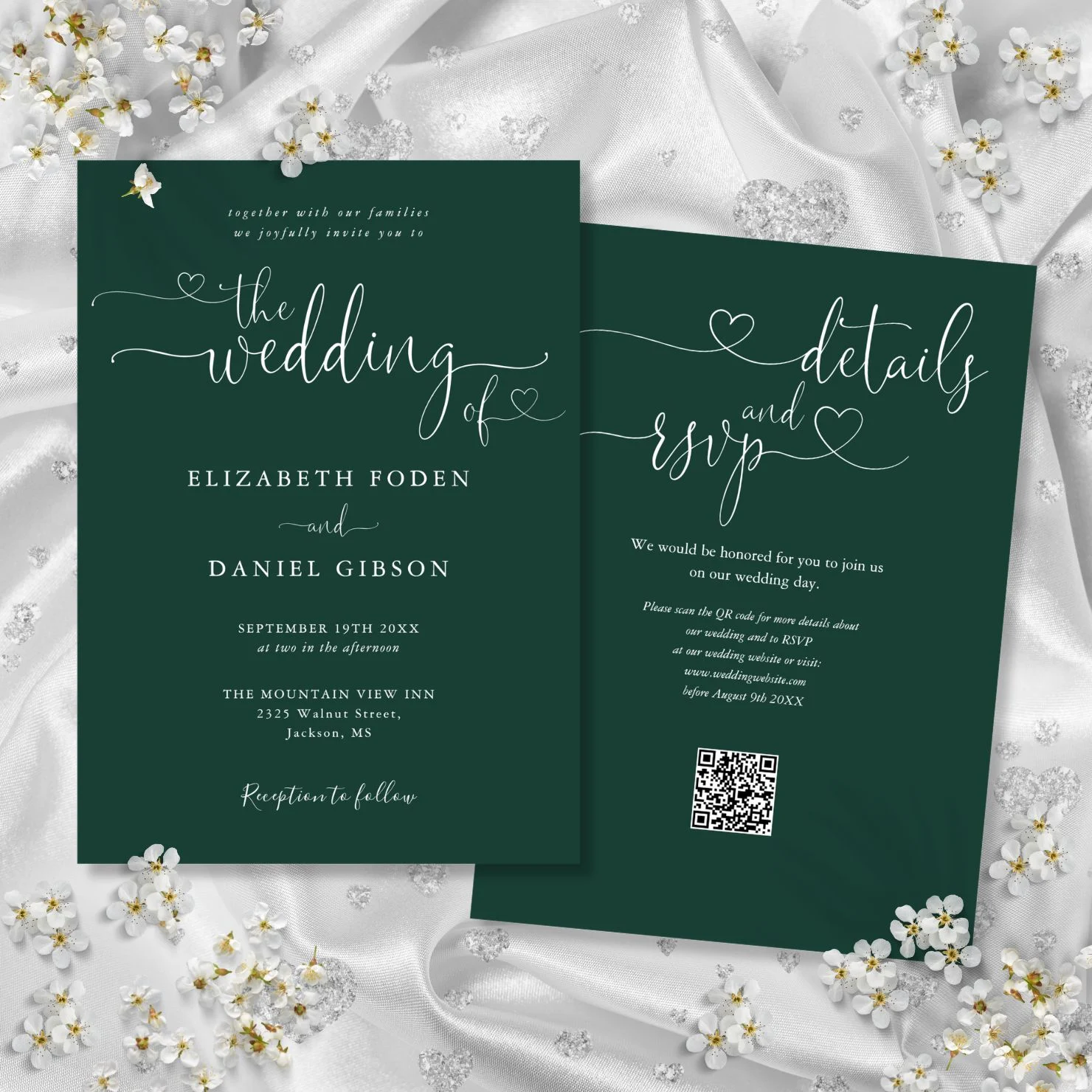 Emerald Green Heart Script QR Code Wedding Invitation