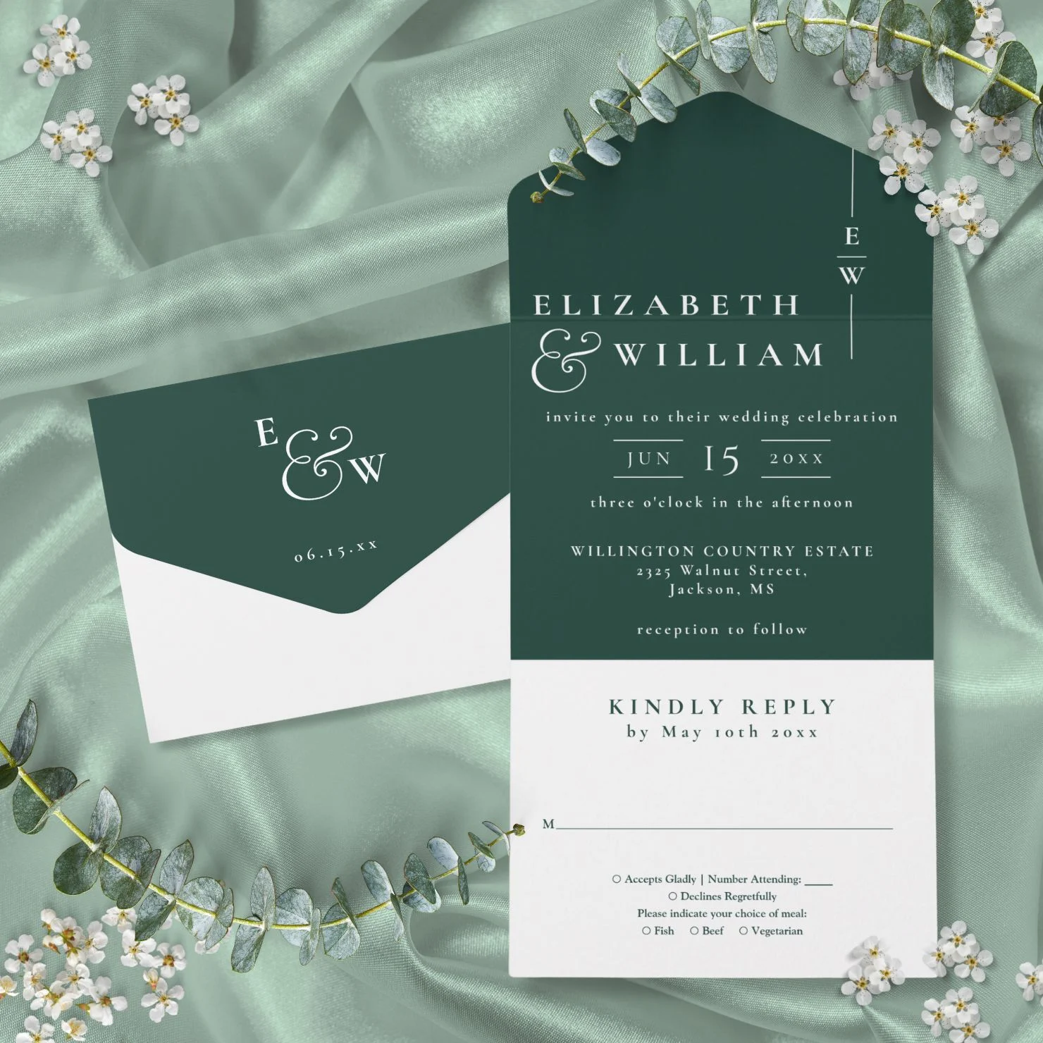 Emerald Green Minimalist Elegant Monogram Wedding All In One Invitation