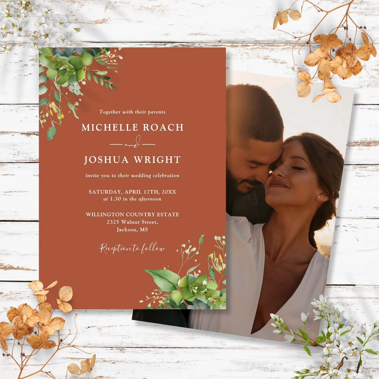 Eucalyptus Greenery Terracotta Photo Wedding Invitation