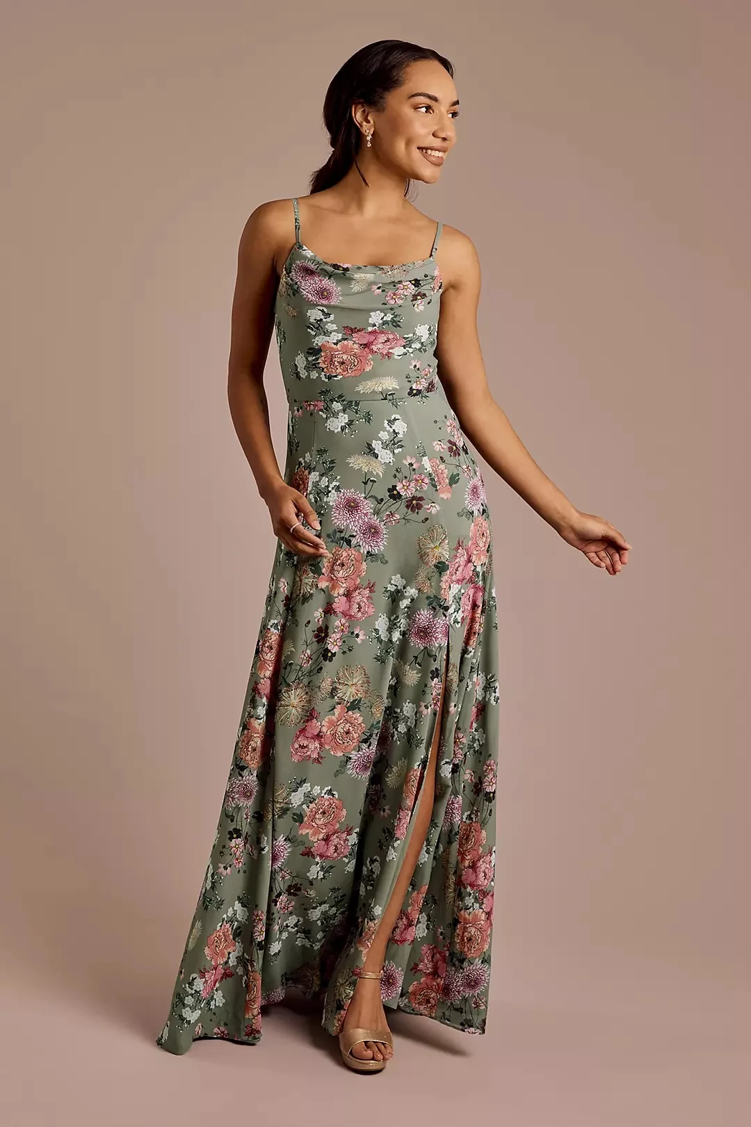 Floral Chiffon Cowl Neck Bridesmaid Dress with Slit
