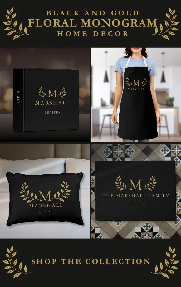 Black And Gold Floral Monogram Home Decor Suite