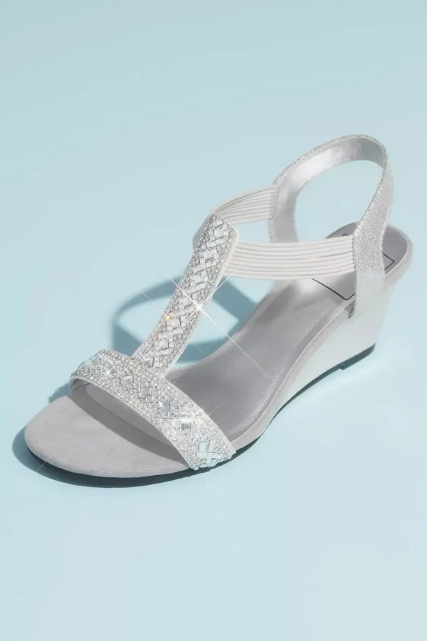 David's Bridal Crystal Pull On Metallic T-Strap Wedge Sandals