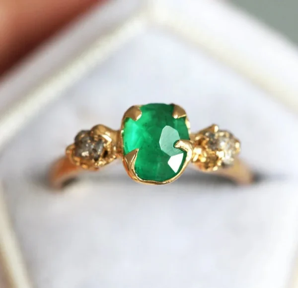 Capacinne Fancy-Cut Natural Emerald Ring With Raw Diamonds