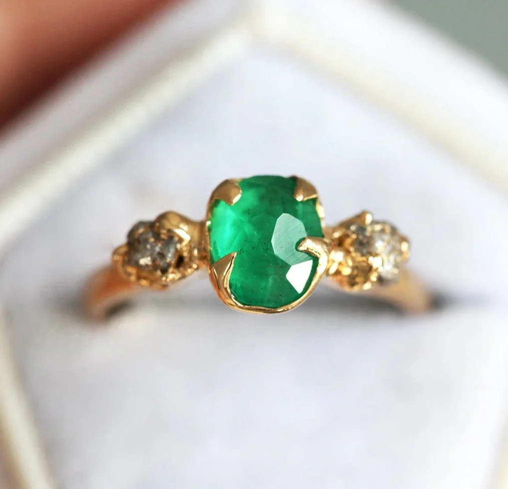 Capacinne Fancy-Cut Natural Emerald Ring With Raw Diamonds