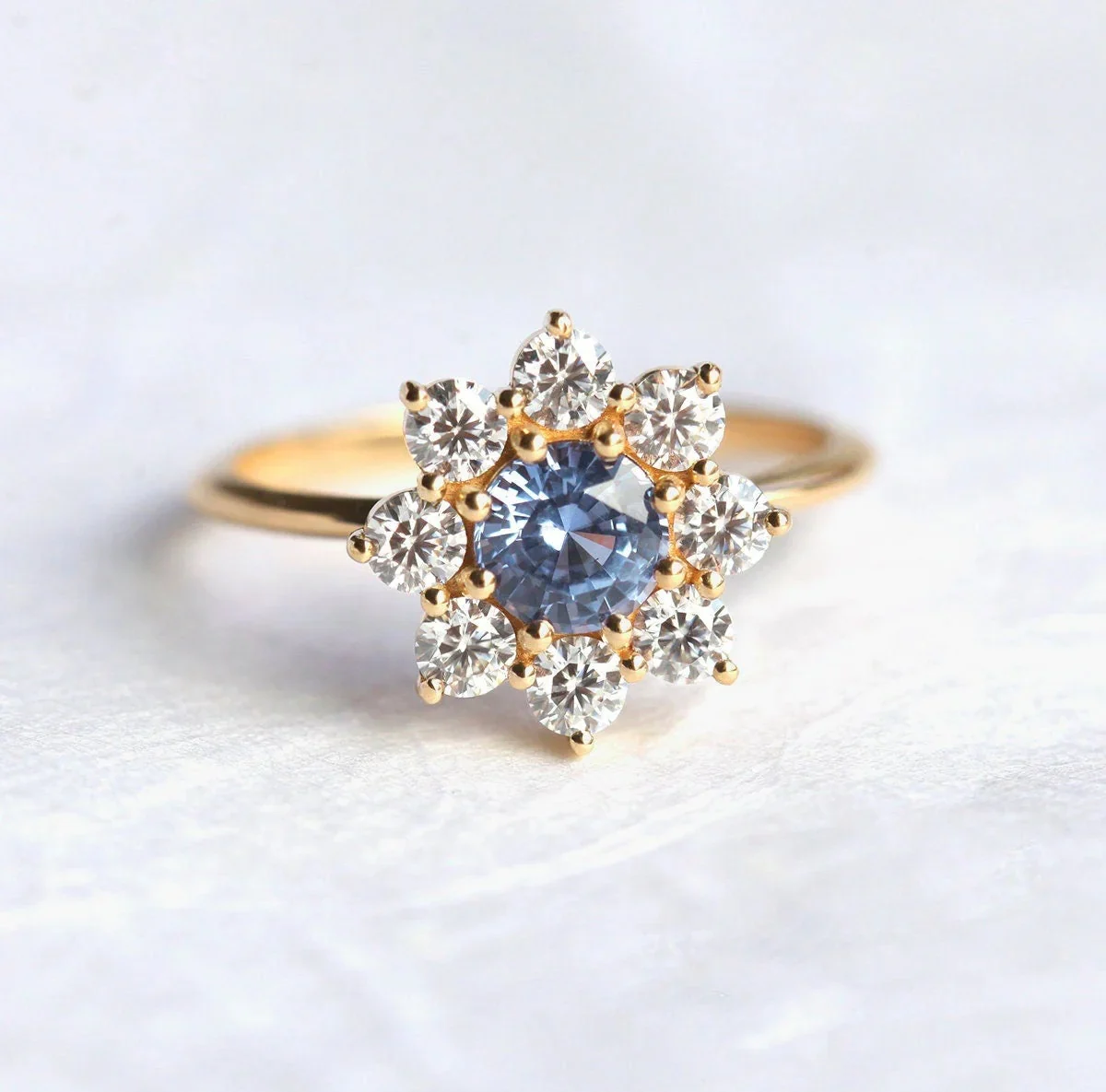 Capucinne Floral Sapphire Halo Diamond Ring