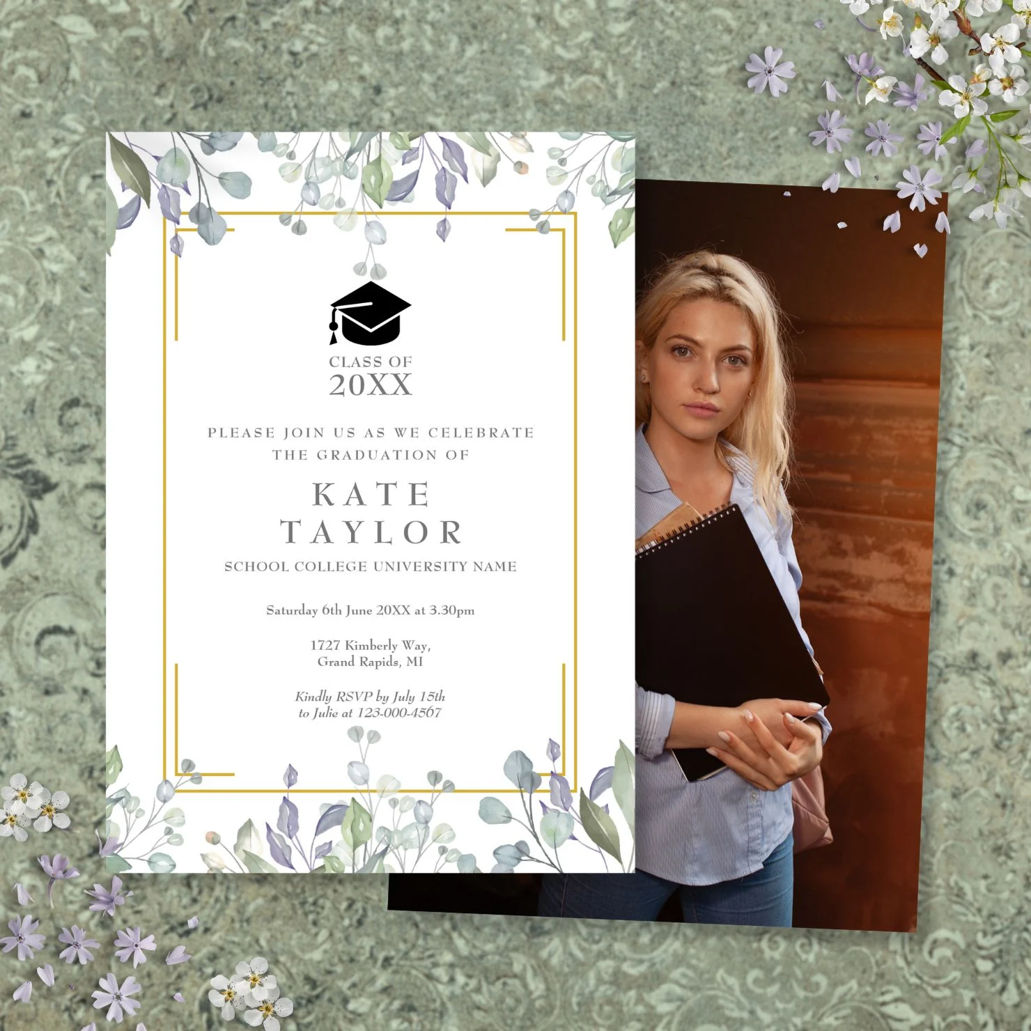Floral Watercolor Greenery Photo Graduation Party Invitation