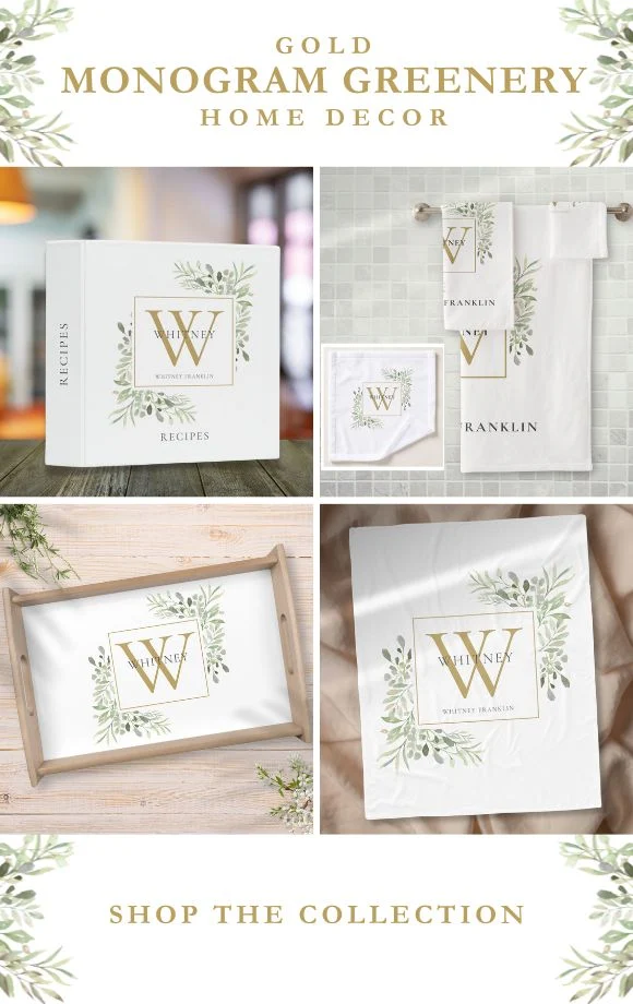 Gold Monogram Watercolor Greenery Home Decor Suite