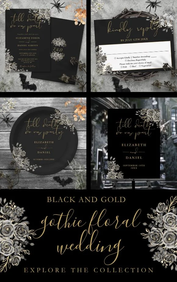 Black And Gold Gothic Roses Floral Wedding Suite Cover