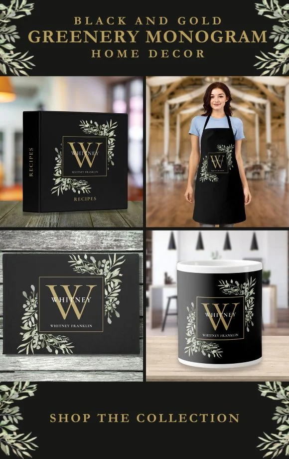 Black And Gold Greenery Monogram Home Decor Suite