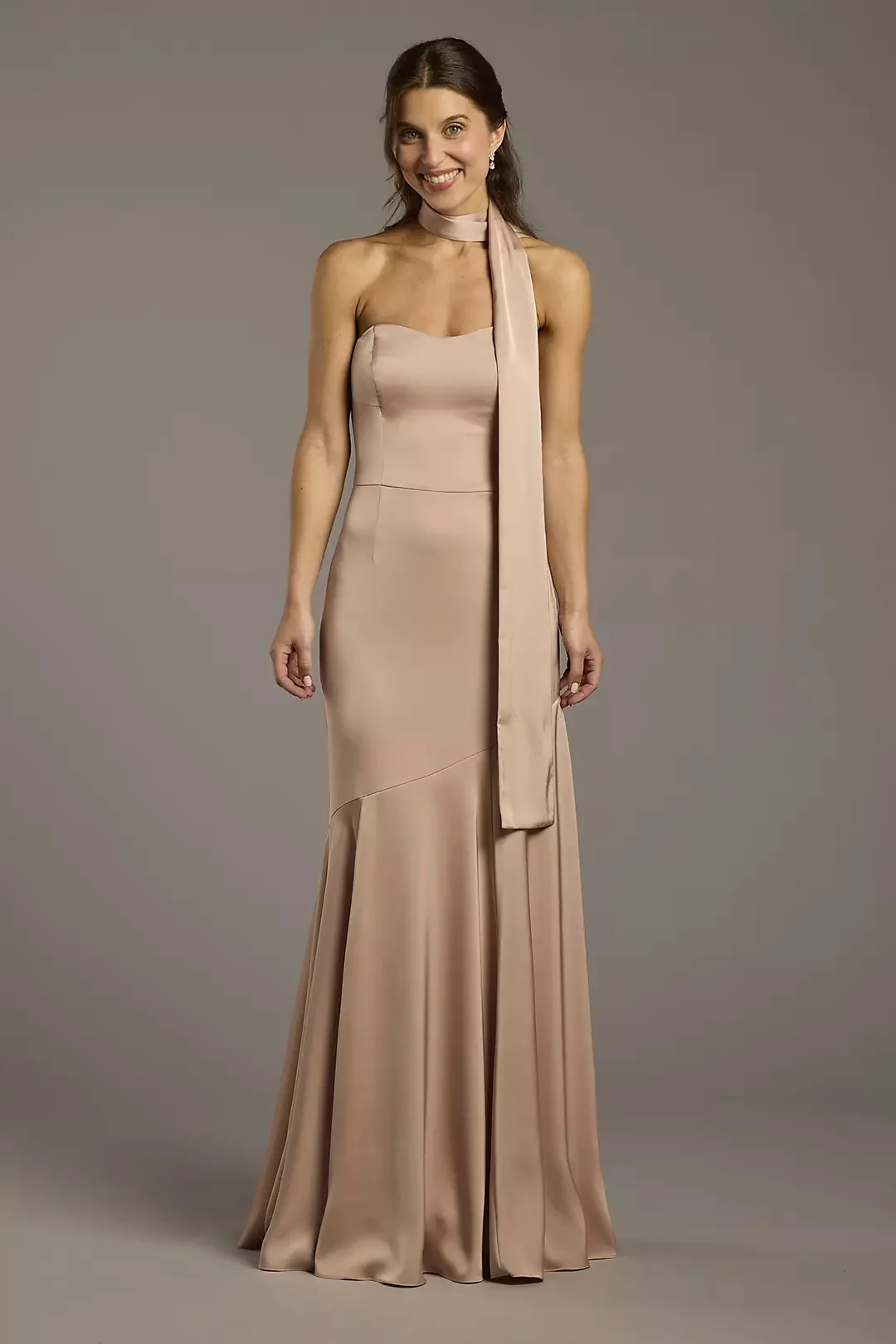 David's Bridal Matte Satin Strapless Sweetheart Dress with Scarf