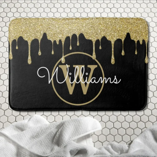 Gold Glitter Drips Monogram Stylish Script Black Bath Mat