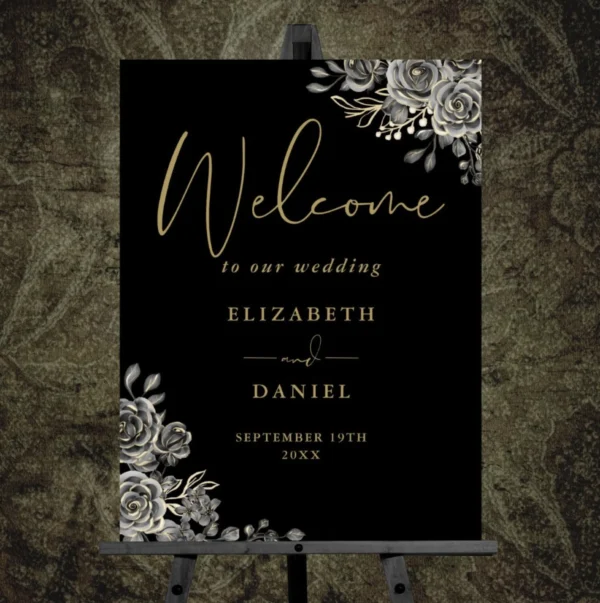 Gothic Black And Gold Floral Wedding Welcome Sign