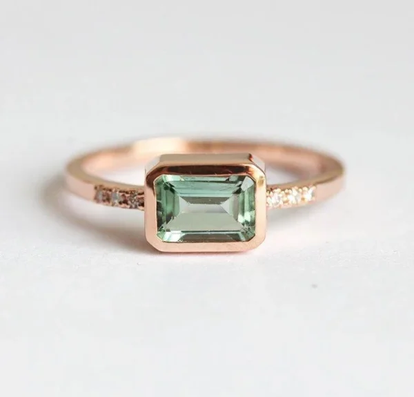 Capucinne Green Tourmaline Ring, Pave Diamond Ring Rose Gold