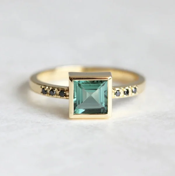 Capucinne Green Tourmaline Ring With Black Diamonds