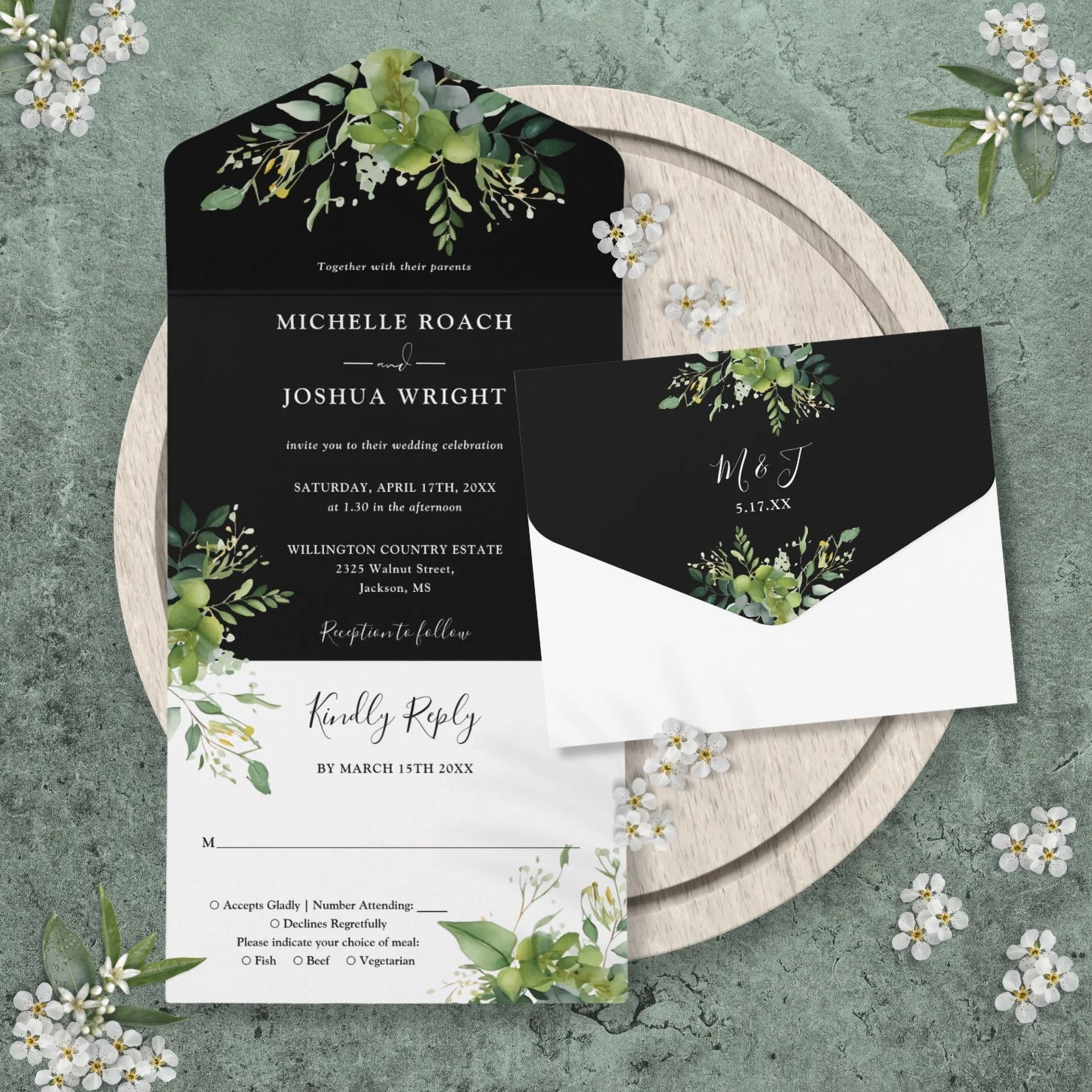 Greenery Black And White Monogram Wedding All In One Invitation